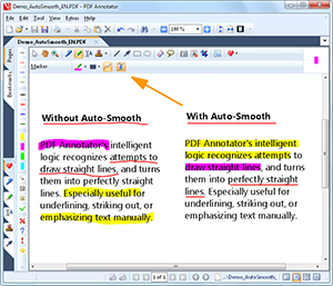 Auto-Smooth - PDF Annotator's intelligent logic recognizes attempts to draw straight lines, and turns them into perfectly straight lines. Especially useful for underlining, striking out, or emphasizing text manually. - Auto-Smooth