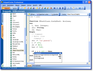 Code Snippets - Code Snippets können Programmcode in verschiedenen Programmiersprachen beinhalten. Durch Angabe der Programmiersprache unterstützt SnippetCenter die farbliche Syntaxhervorhebung von über 30 verbreiteten Programmiersprachen bzw. Textdateiformaten. - Code Snippets