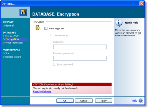 Encryption - To secure your data from unauthorized access, the whole SnippetCenter database can be encrypted using a strong 128-bit encryption. - Encryption