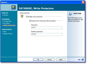 Write Protection - To prevent yourself from accidential modifications of your data, set the SnippetCenter write protection, which can be toggles on and off with a single mouse click. If you want to ensure that your data cannot be edited in any way, set a password on the write protection. - Write Protection